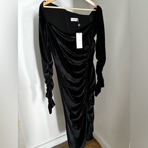 Club L London Black Velvet Asymmetric Neckline Midi Dress Size 12